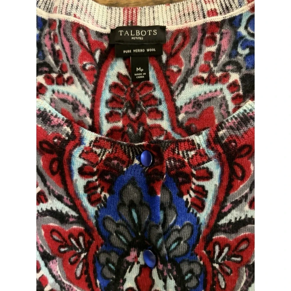 Talbots Petite Merino Wool Paisley Cardigan Sweater MP Boho Colorful